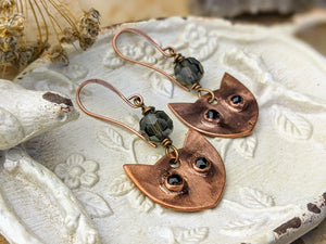 Faceted Black Spinel Cat Eye Copper Electroformed Earrings