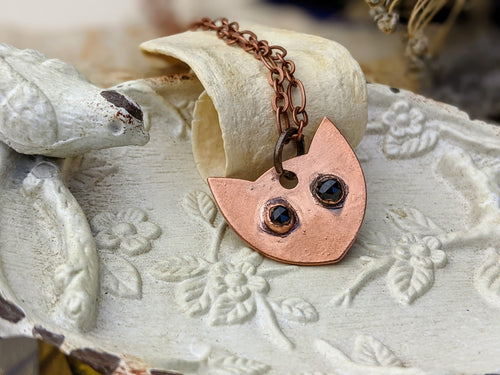 Faceted Black Spinel Cat Eye Copper Electroformed Necklace