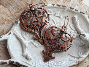 Antiqued Copper Earrings - Etched Hearts