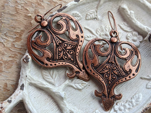 Antiqued Copper Earrings - Etched Hearts