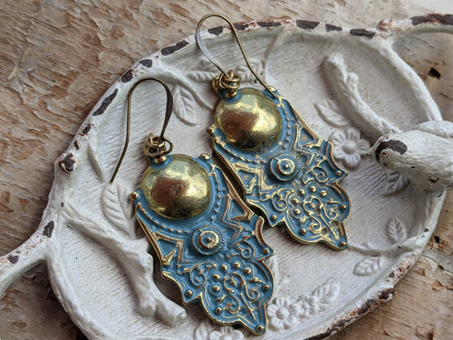 Antiqued Verdigris Brass Earrings - Domes and Dots