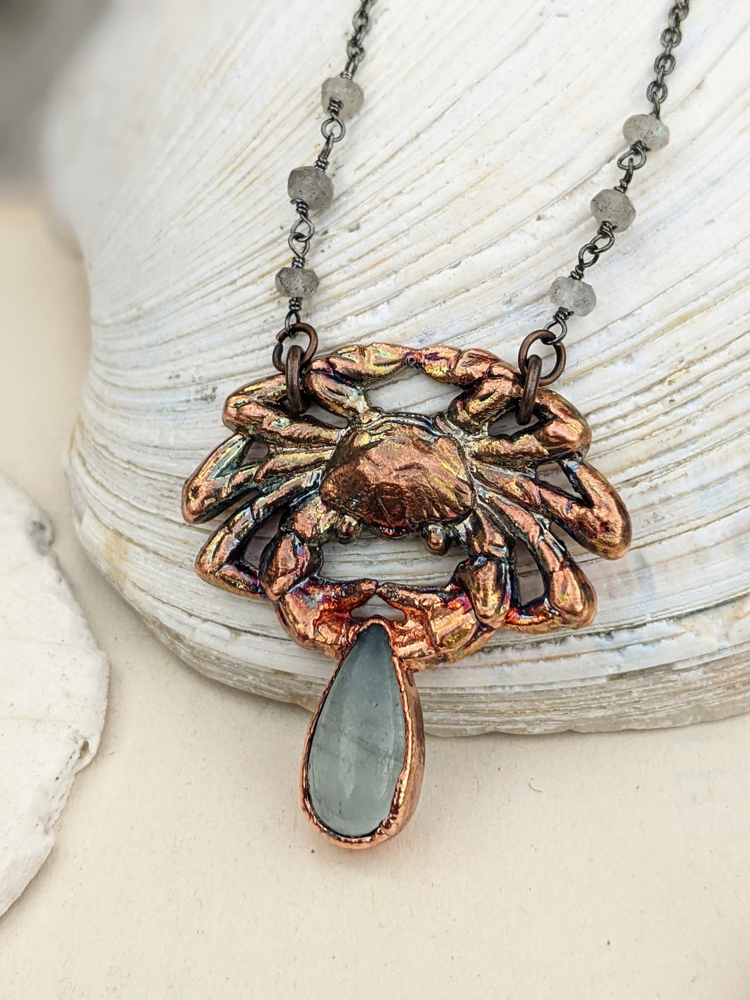 HOLD FOR SINGE 'Drift' - Crab and Aquamarine Copper Electroformed Necklace