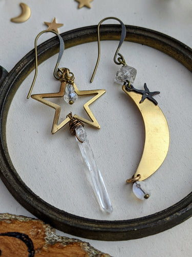 Asymmetrical Quartz and Herkimer Diamond Celestial Earrings 14