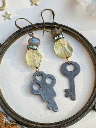 Labradorite and Citrine Vintage Key Earrings 1