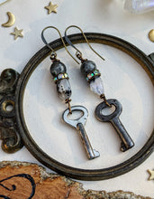 Load image into Gallery viewer, Labradorite and Moonstone Vintage Skeleton Key Earrings 2