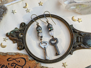 Labradorite and Moonstone Vintage Skeleton Key Earrings 2