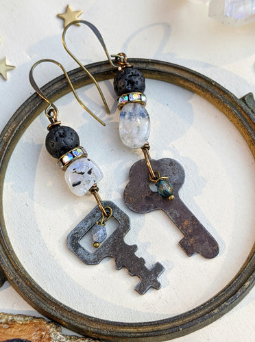 Lava Rock and Moonstone Vintage Skeleton Key Earrings 3