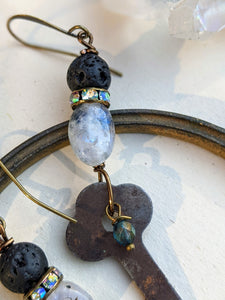 Lava Rock and Moonstone Vintage Skeleton Key Earrings 3