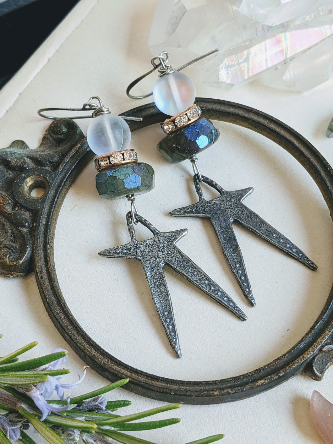 Aura-Labradorite and Pewter Stars Earrings