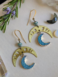 Celestial Moon Phase and Druzy Moon Earrings - Sky Blue