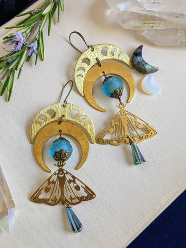 Brass Moth and Moon Phase Earrings - Aqua