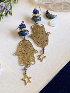Hamsa Earrings with Aura-Labradorite and Lapis Lazuli