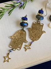 Load image into Gallery viewer, Hamsa Earrings with Aura-Labradorite and Lapis Lazuli