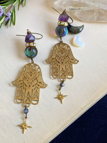 Hamsa Earrings with Amethyst