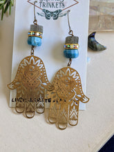 Load image into Gallery viewer, Hamsa Earrings with Labradorite and Apatite