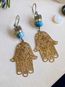 Hamsa Earrings with Labradorite and Apatite