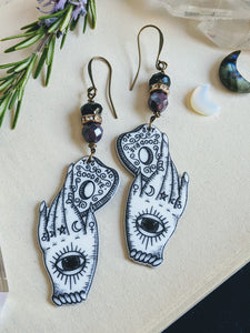 White Ouija Planchette with Hands Earrings