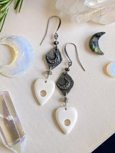 Bone Ouija Planchette Earrings with Pewter Moons