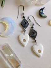 Load image into Gallery viewer, Bone Ouija Planchette Earrings with Pewter Moons