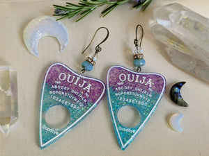 Aqua & Pink Glitter Ouija Planchette Earrings