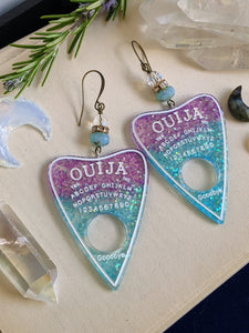 Aqua & Pink Glitter Ouija Planchette Earrings