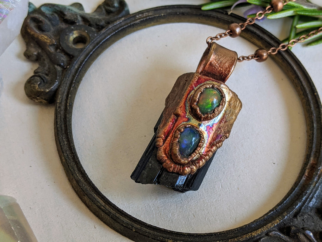 Black Tourmaline and Opal Copper Electroformed Necklace