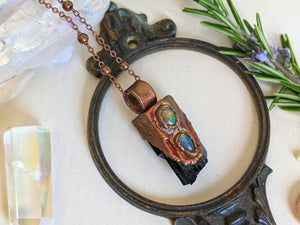 Black Tourmaline and Opal Copper Electroformed Necklace