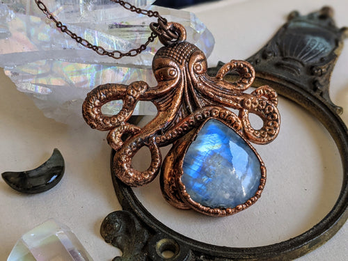 Moonstone Octopus Kraken Electroformed Necklace 1