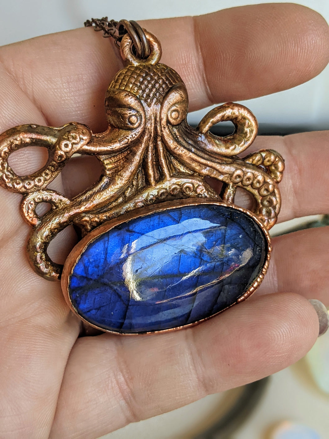 Blue Labradorite Octopus Kraken Electroformed Necklace