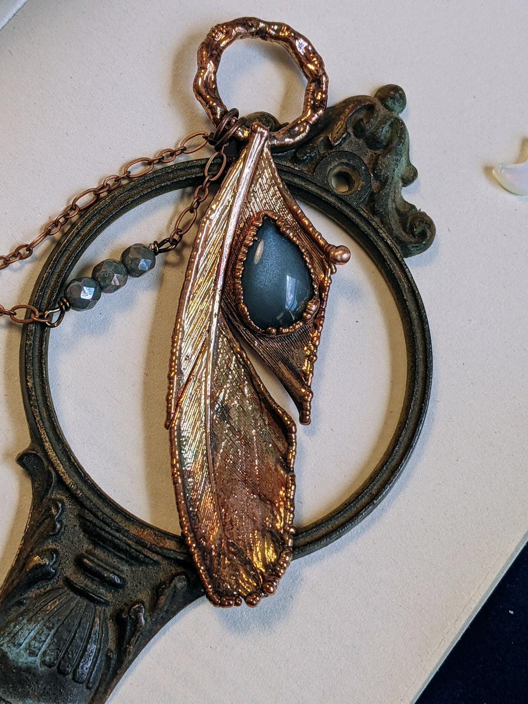Grey Moonstone - Real Feather Copper Electroformed Necklace