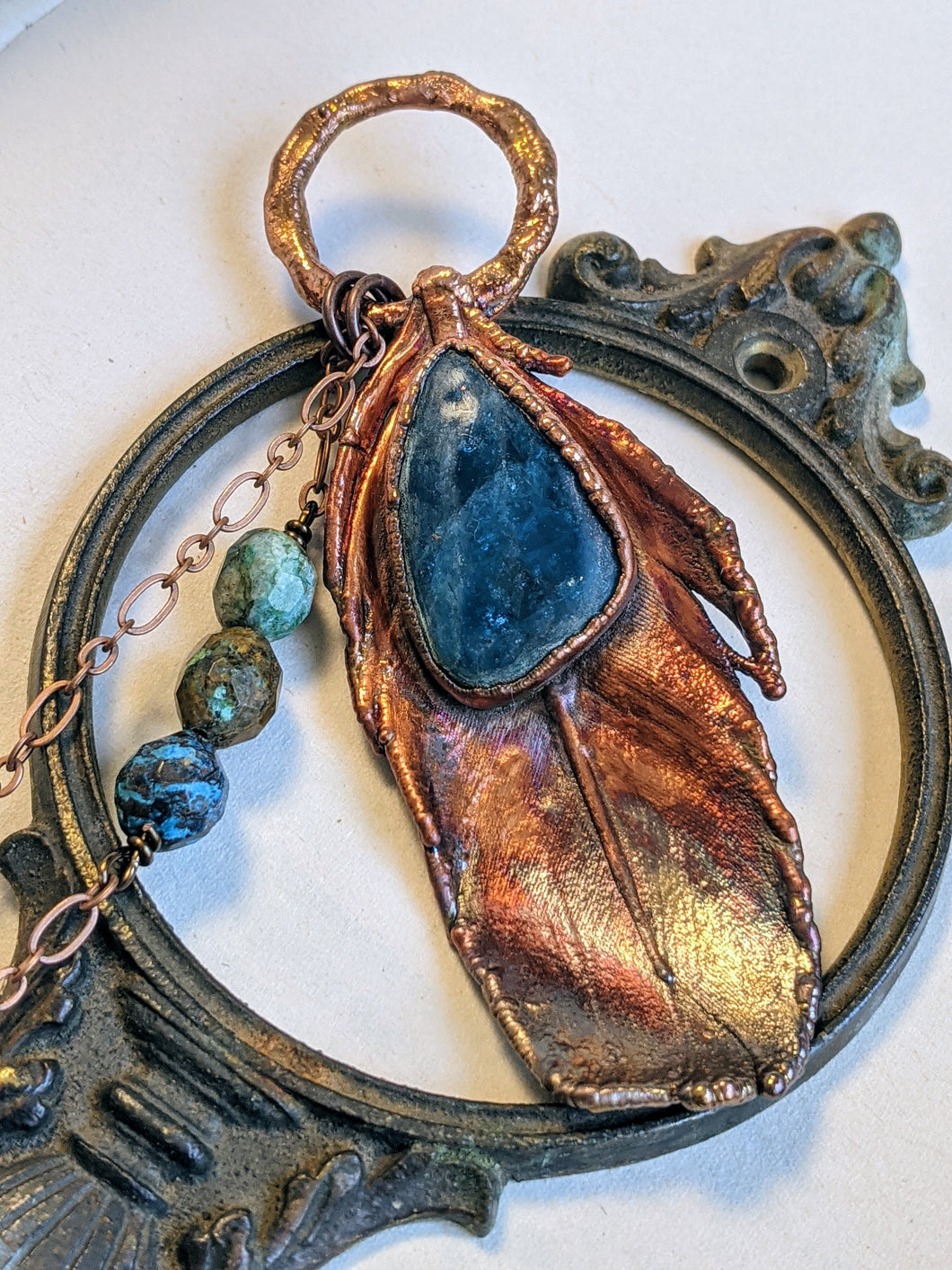 Blue Apatite - Real Feather Copper Electroformed Necklace