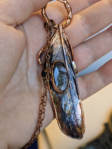 Hypersthene - Real Feather Copper Electroformed Necklace