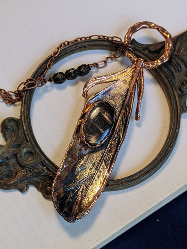 Hypersthene - Real Feather Copper Electroformed Necklace