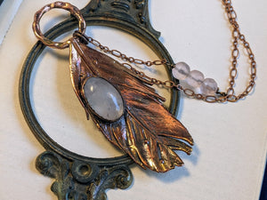 Rose Quartz - Real Feather Copper Electroformed Necklace