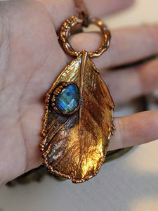 Blue Labradorite  - Real Feather Copper Electroformed Necklace