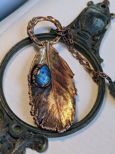 Blue Labradorite  - Real Feather Copper Electroformed Necklace