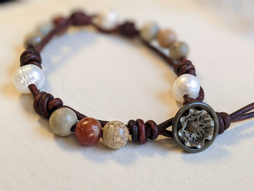 Leather, Jasper, Opalwood & Pearl Bracelet with Vintage Button Clasp