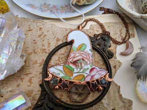 Witches' Tea Party - Cottagecore Ceramic Witch Hat Electroformed Necklace #1