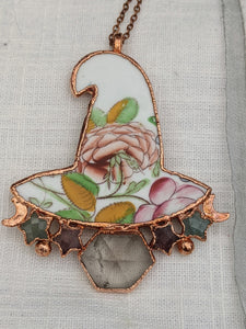 Witches' Tea Party - Cottagecore Ceramic Witch Hat Electroformed Necklace #1