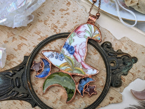 Witches' Tea Party - Cottagecore Ceramic Witch Hat Electroformed Necklace #2