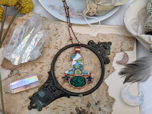 Witches' Tea Party - Cottagecore Ceramic Witch Hat Electroformed Necklace #4