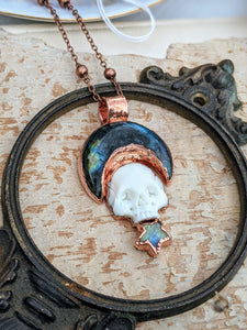 Labradorite Moon and Carved Bone Skull Electroformed Necklace