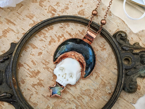 Labradorite Moon and Carved Bone Skull Electroformed Necklace