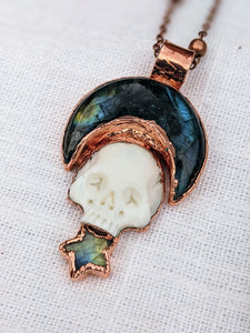 Labradorite Moon and Carved Bone Skull Electroformed Necklace