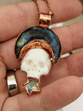 Load image into Gallery viewer, Labradorite Moon and Carved Bone Skull Electroformed Necklace