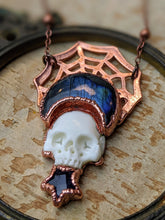 Load image into Gallery viewer, Spiderweb Labradorite Moon and Carved Bone Skull Electroformed Necklace