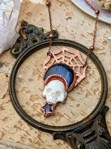Spiderweb Labradorite Moon and Carved Bone Skull Electroformed Necklace