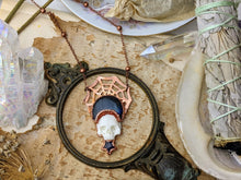 Load image into Gallery viewer, Spiderweb Labradorite Moon and Carved Bone Skull Electroformed Necklace