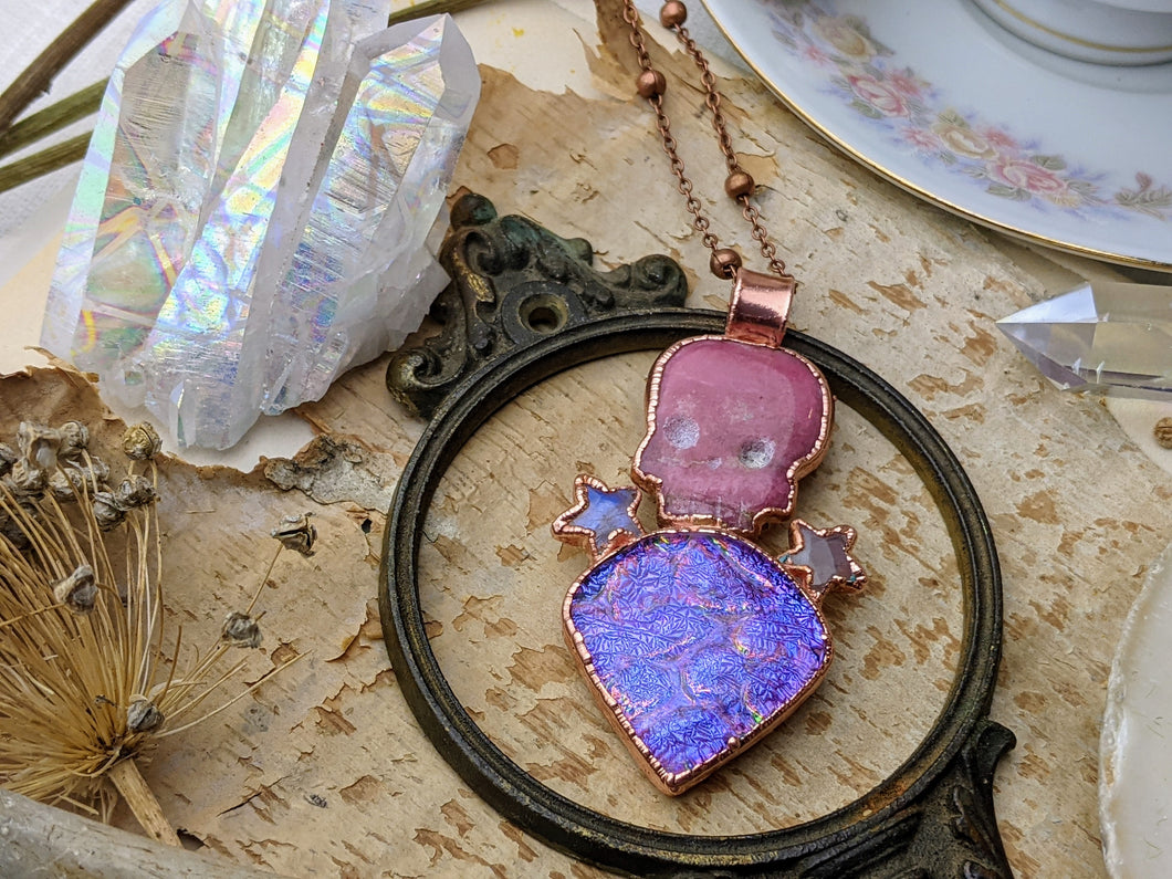 Rhodochrosite Skull and Dichroic Glass Electroformed Necklace