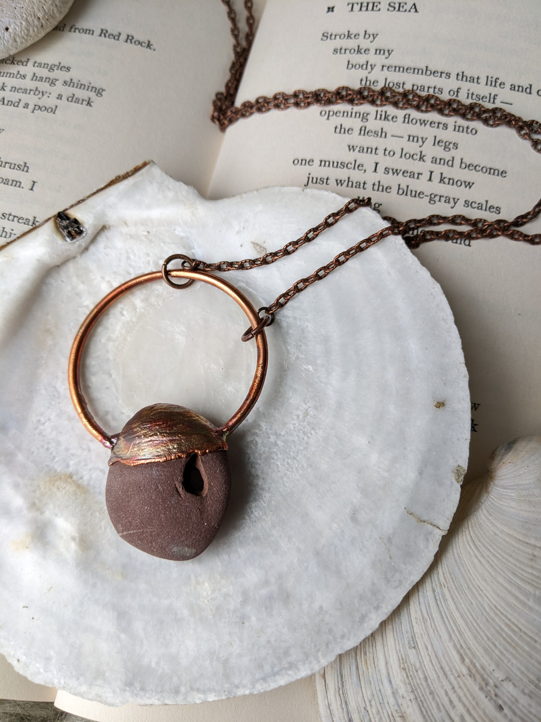 Copper Electroformed Welsh Hagstone Pebble Necklace 1